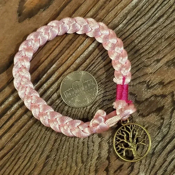 Braided Pale Pink Silk Antique Brass Tree of Life Charm Button Bracelet - Picture 5 of 5